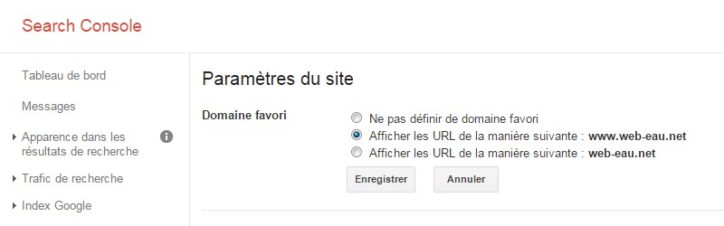 Google Search Console définition du domaine préféré
