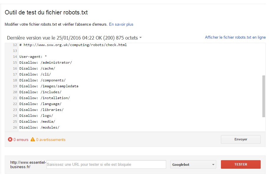 Google Search Console Test du fichier robots.txt