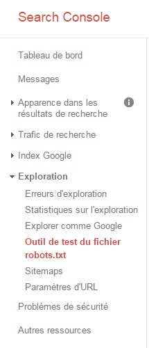 Google Search Console Test du fichier robots.txt
