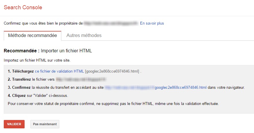 Google Search Console méthode de validation par fichier HTML
