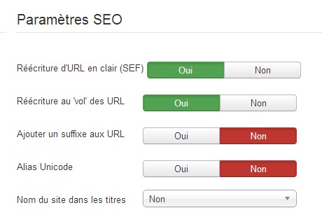 Paramètres SEO Joomla