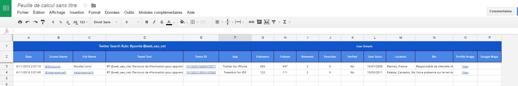 Affichage feuille de calcul Twitter Archiver