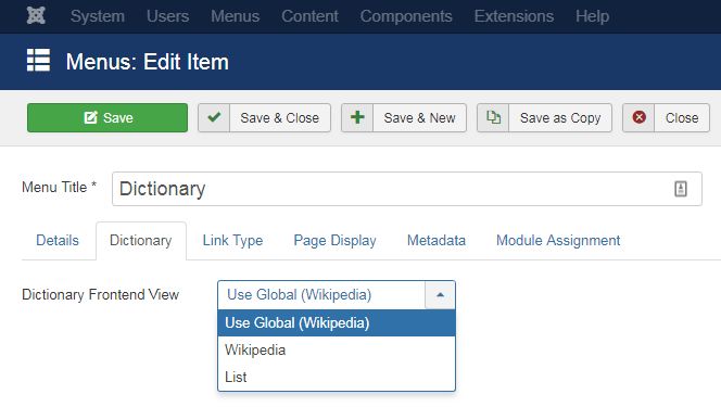Menu item option Dictionary