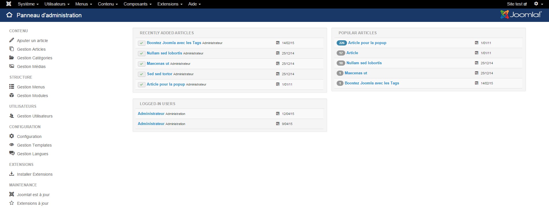 Panneau d'administration de Joomla!