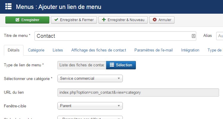 Composant Fiches contact de Joomla