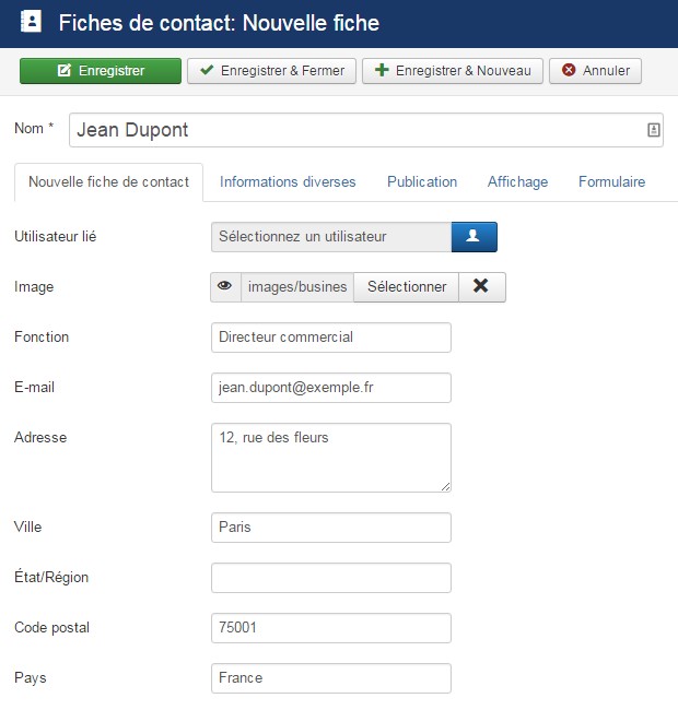 Composant Fiches contact de Joomla