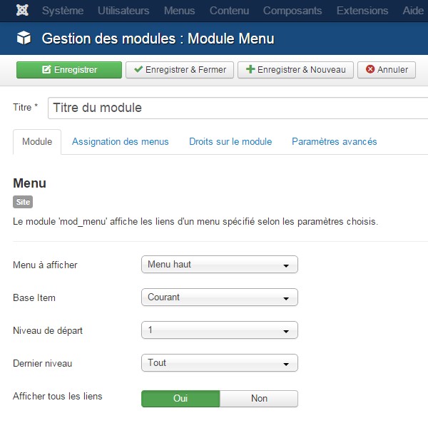Création menu Joomla