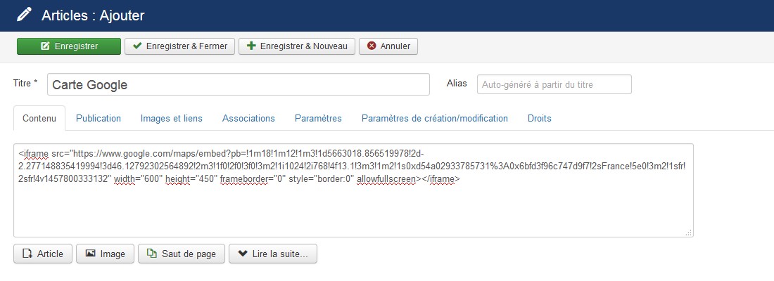 Afficher une carte Google dans un article