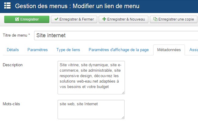 Metadonnées Joomla